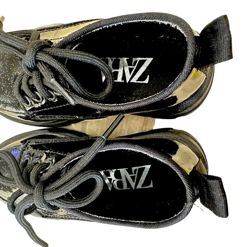 Zara kids‎ girls sparkly black faux patent oxfords lace up shoes EU 22